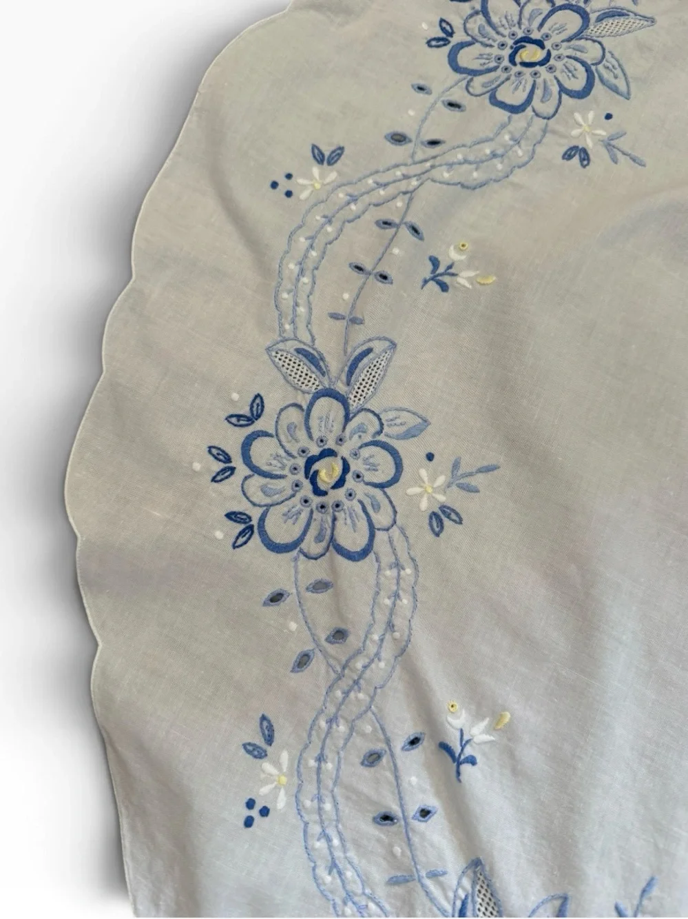 Vintage Blue Floral Embroidered Table Topper 32”